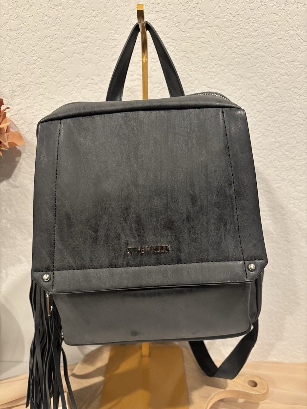 Steve Madden Black Medium Backpack Fringe Tassel Zip/Magnetic Pockets Silver